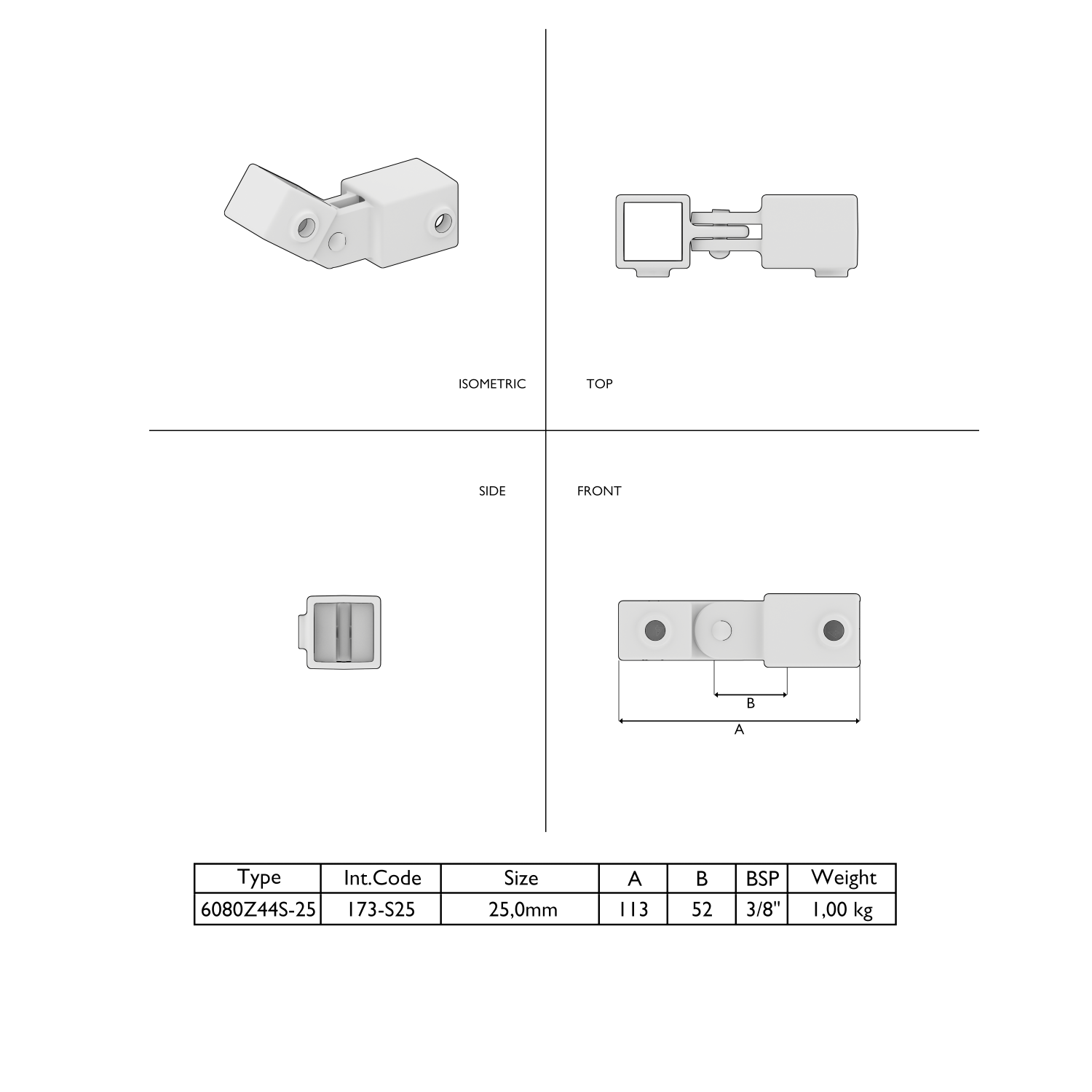 Pieza articulada ajustable para tubos cuadrados de 25 mm, mostrada en cuatro vistas: isométrica, superior, lateral y frontal. Conector de tubos con función giratoria para uniones móviles y orificios de fijación. Tabla con dimensiones y peso.