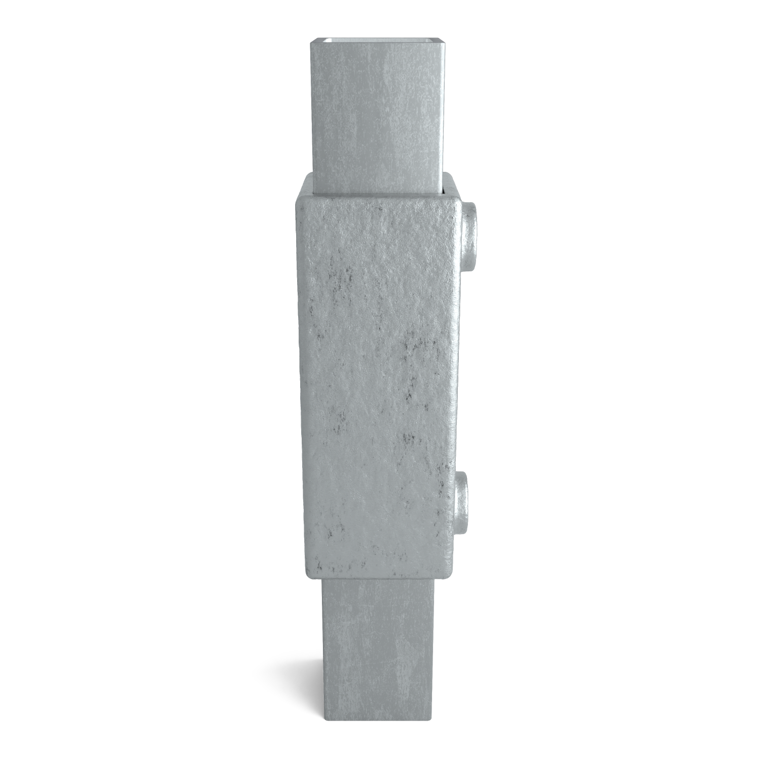 A grey, rectangular metal component with a rough finish. A central block, with narrower profiles extending at the top and bottom. Two cylindrical mounting points are visible on the right-hand side of the block. Orientated vertically on a white background.