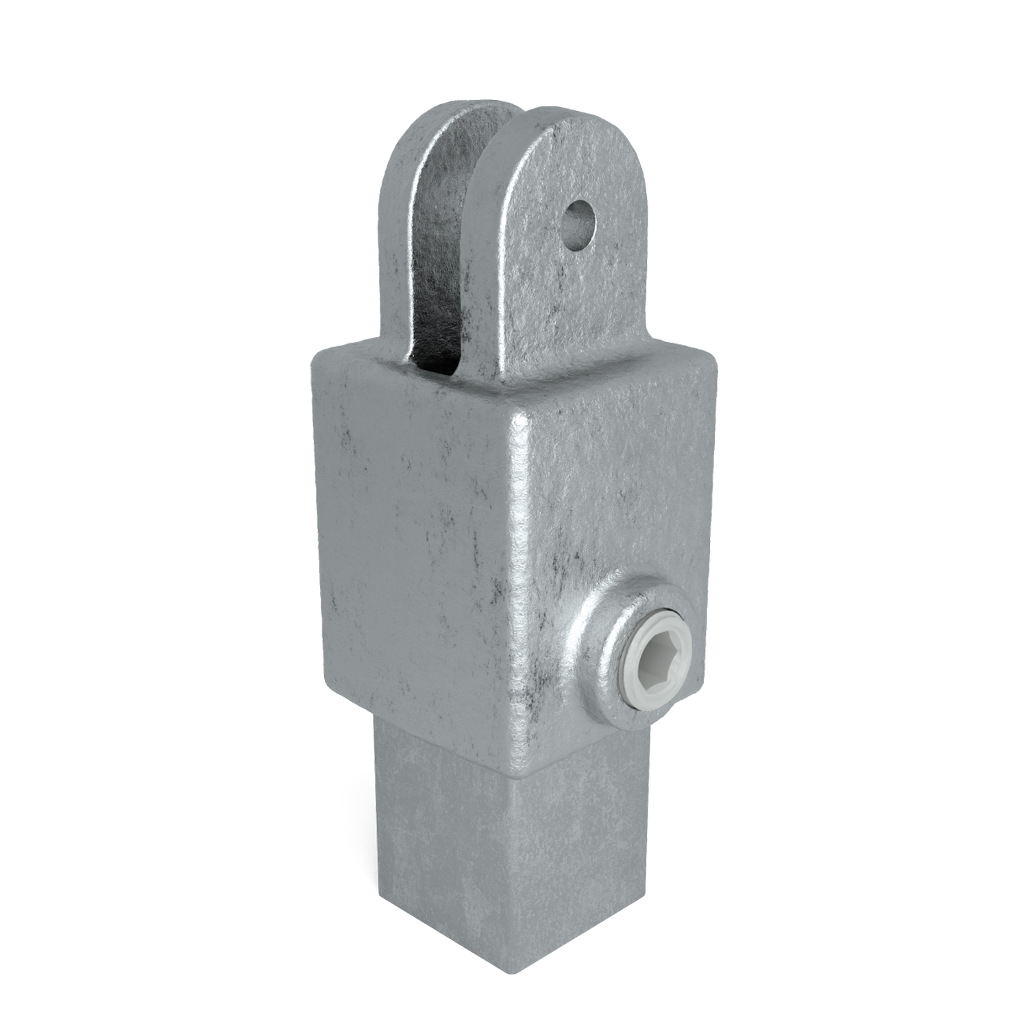Conector metálico gris con base rectangular y cuerpo macizo; arriba, horquilla en U con orificio redondo. En el lateral, tornillo con cabeza hexagonal blanca. Superficie rugosa y texturizada, probable fundición o galvanizado.