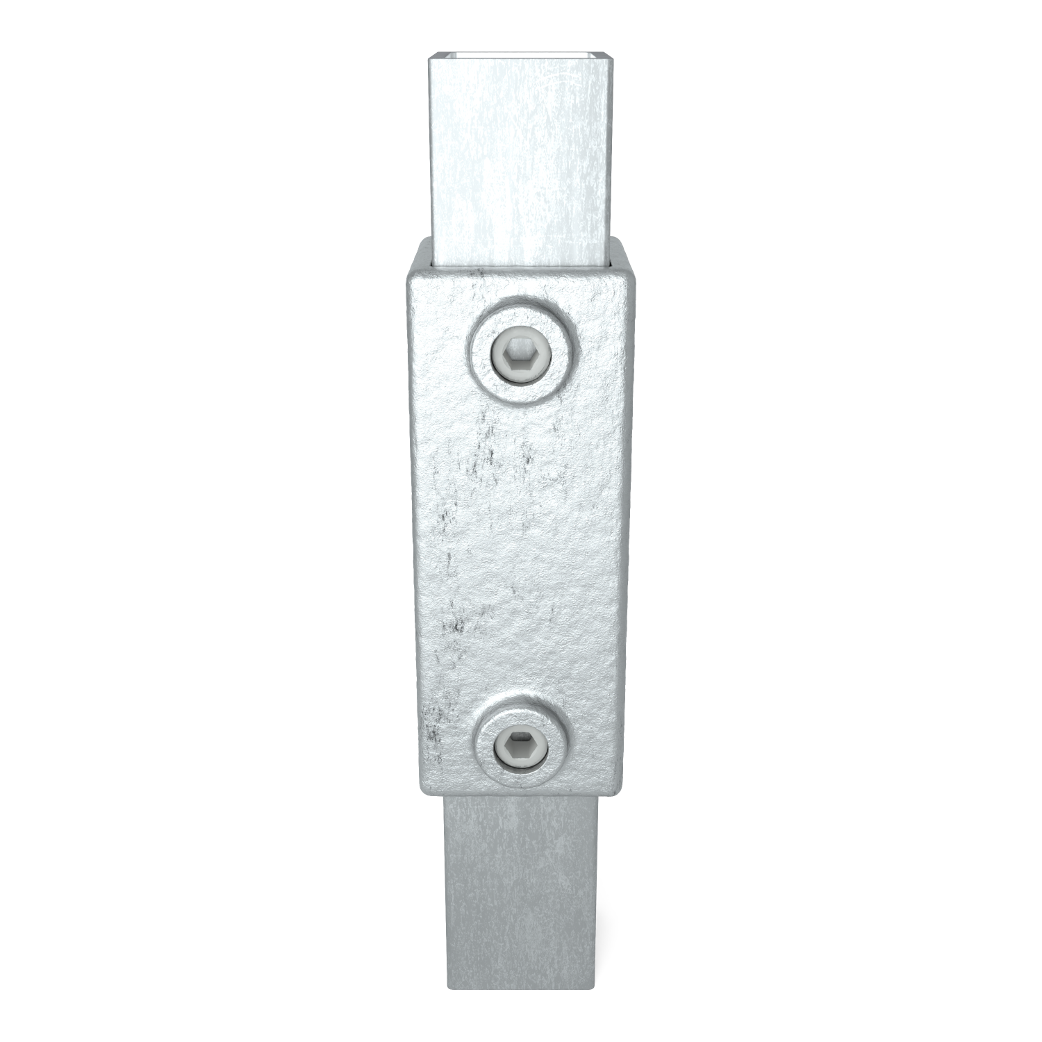 Vertical metal connector on a white background. A sturdy, silver, rectangular center piece connects two slender, square metal tubes at the top and bottom. Two hex head screws ensure a secure hold.