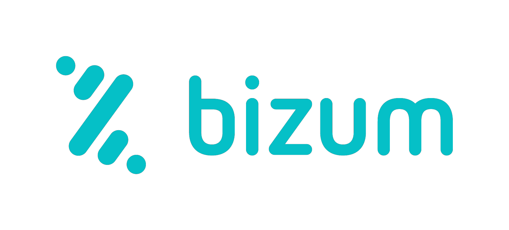 El logotipo de Bizum muestra la palabra «bizum» en letras pequeñas y redondeadas de color turquesa. A la izquierda, un símbolo abstracto formado por líneas cortas y redondeadas y puntos de color turquesa, que sugiere dinamismo e interconexión.