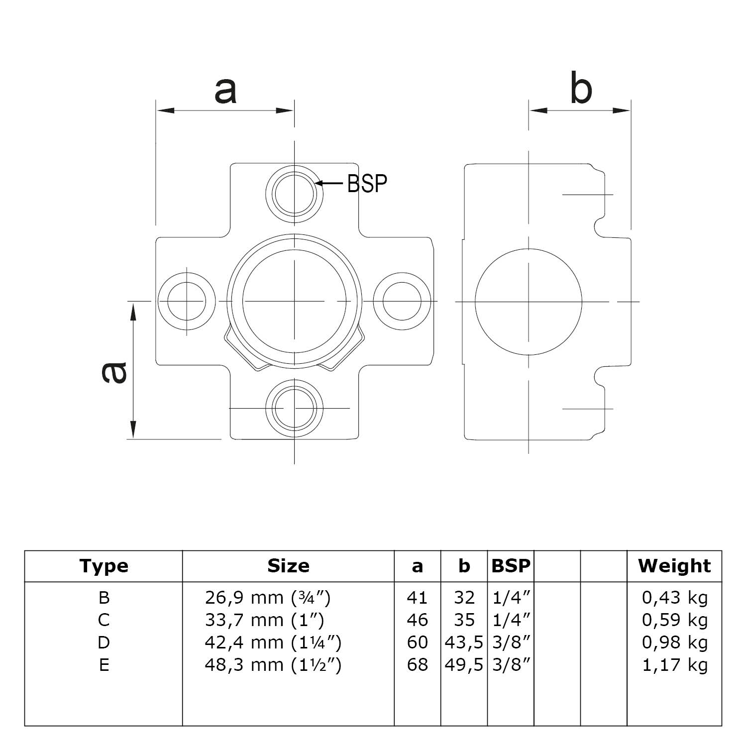Pieza transversal para tubo de soporte, negra 48,3 mm (1½")
