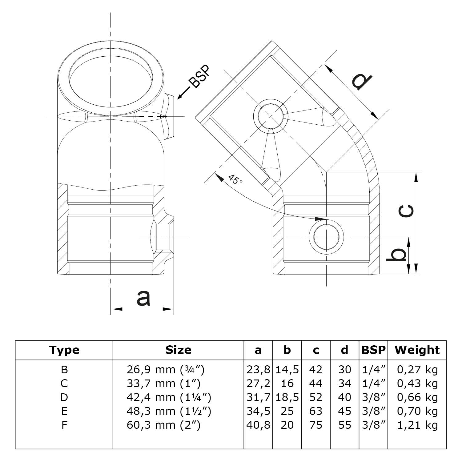 Pieza en T, corta 45° 42,4 mm (1¼")
