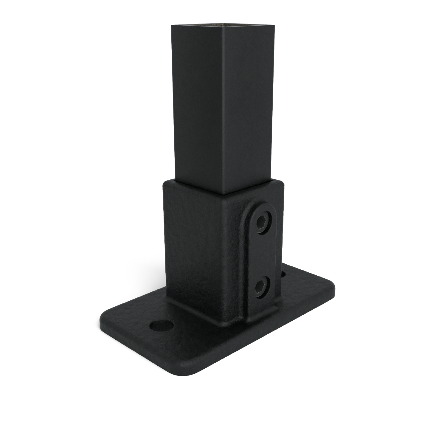 Support de poteau rectangulaire en métal noir sur fond blanc. Socle plat avec deux trous de fixation, partie centrale massive texturée et poteau carré vertical lisse. Deux vis/rivets sur le côté.