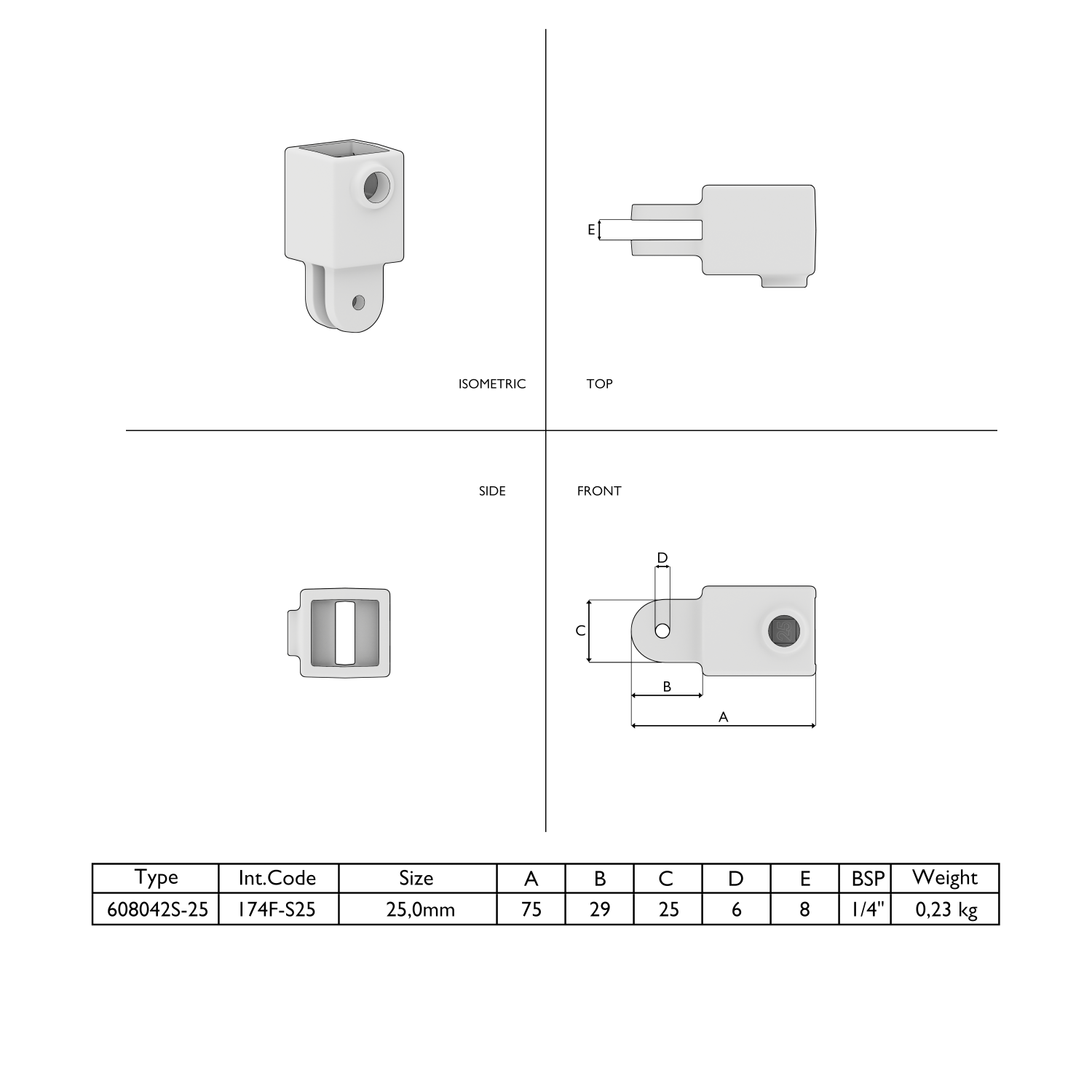 Dibujo técnico de un soporte gris en forma de cubo en cuatro vistas: isométrica, superior, lateral y frontal. Parte superior hueca y cuadrada; parte inferior en horquilla con orificio. Cotas en frontal; tabla con tipo y dimensiones.