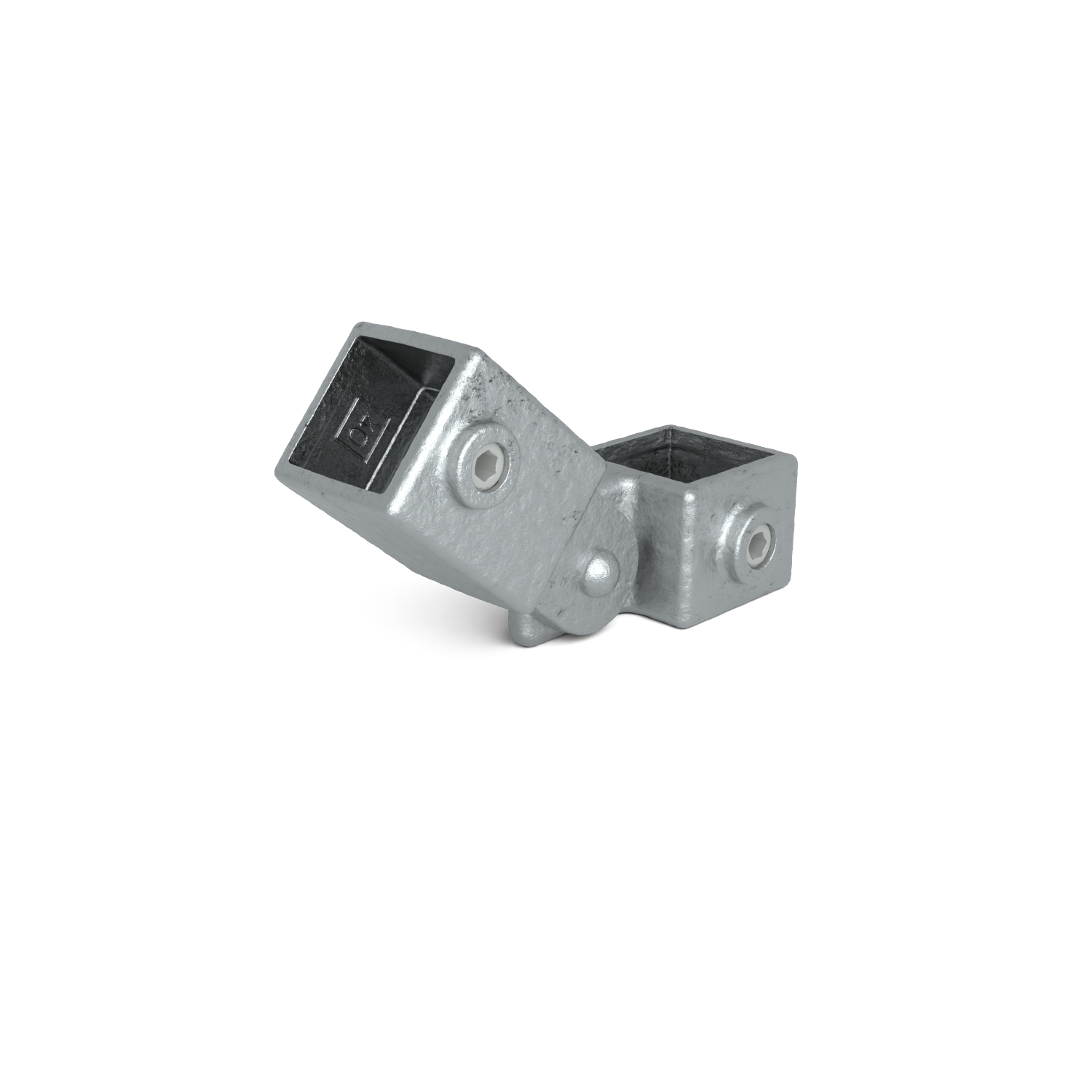 Sturdy, silver-grey joint for square tubes, consisting of two right-angled elements connected via a central axis. Each has a square tube opening and a side-mounted Allen screw for securing.