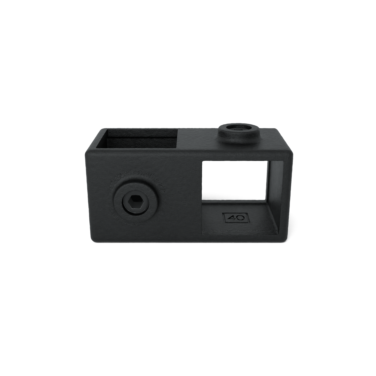 Black, matt metal/plastic component, rectangular with an open side and a recess. On the left, a deep hexagon socket screw; at the top, a round base with a hole. The number ‘40’ is embossed in the recess.