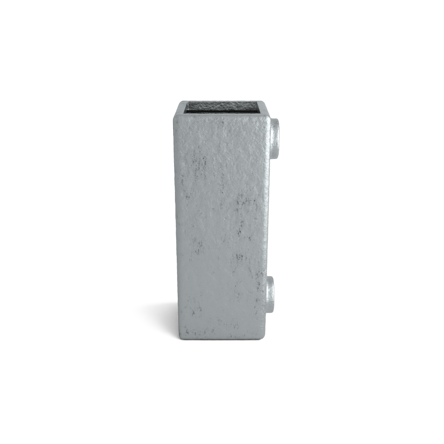 Rectangular, grey metal housing on a white background. Rough, slightly textured surface with darker, grainy material in the upper square cut-out. Two cylindrical fasteners on the right, at the top and bottom.