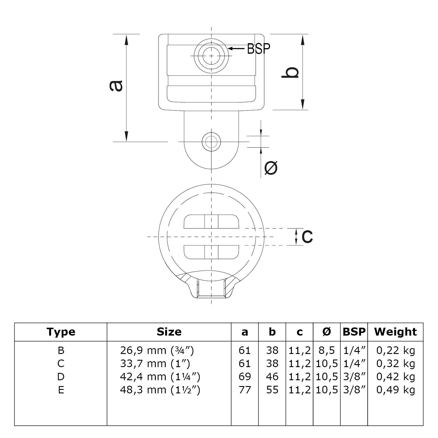 Soporte de bisagra negro 33,7 mm (1")