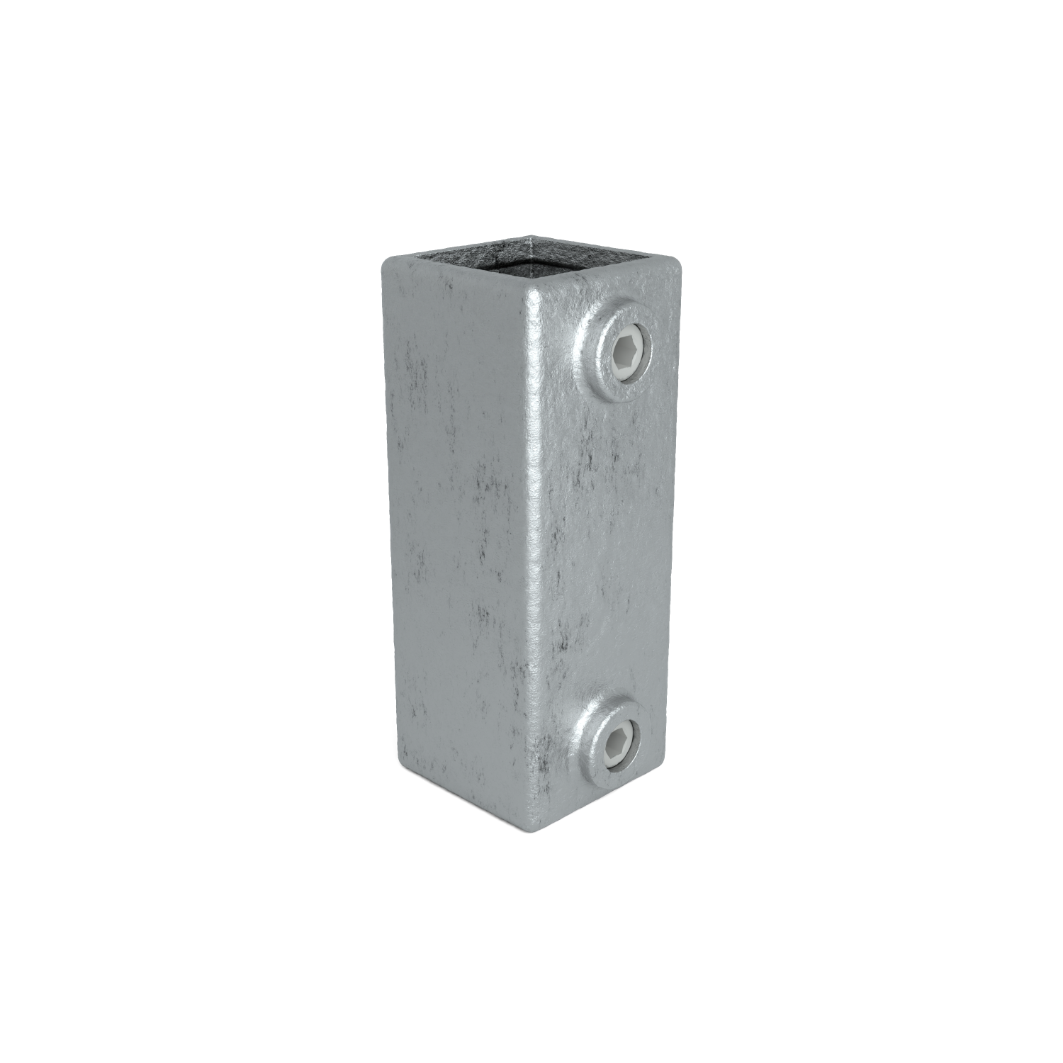 A single, rectangular connecting element made of matt, silver-coloured metal with a slightly textured surface. One visible hexagon socket screw at the top and bottom on each side. The hollow profile is open at the top, revealing a dark interior.
