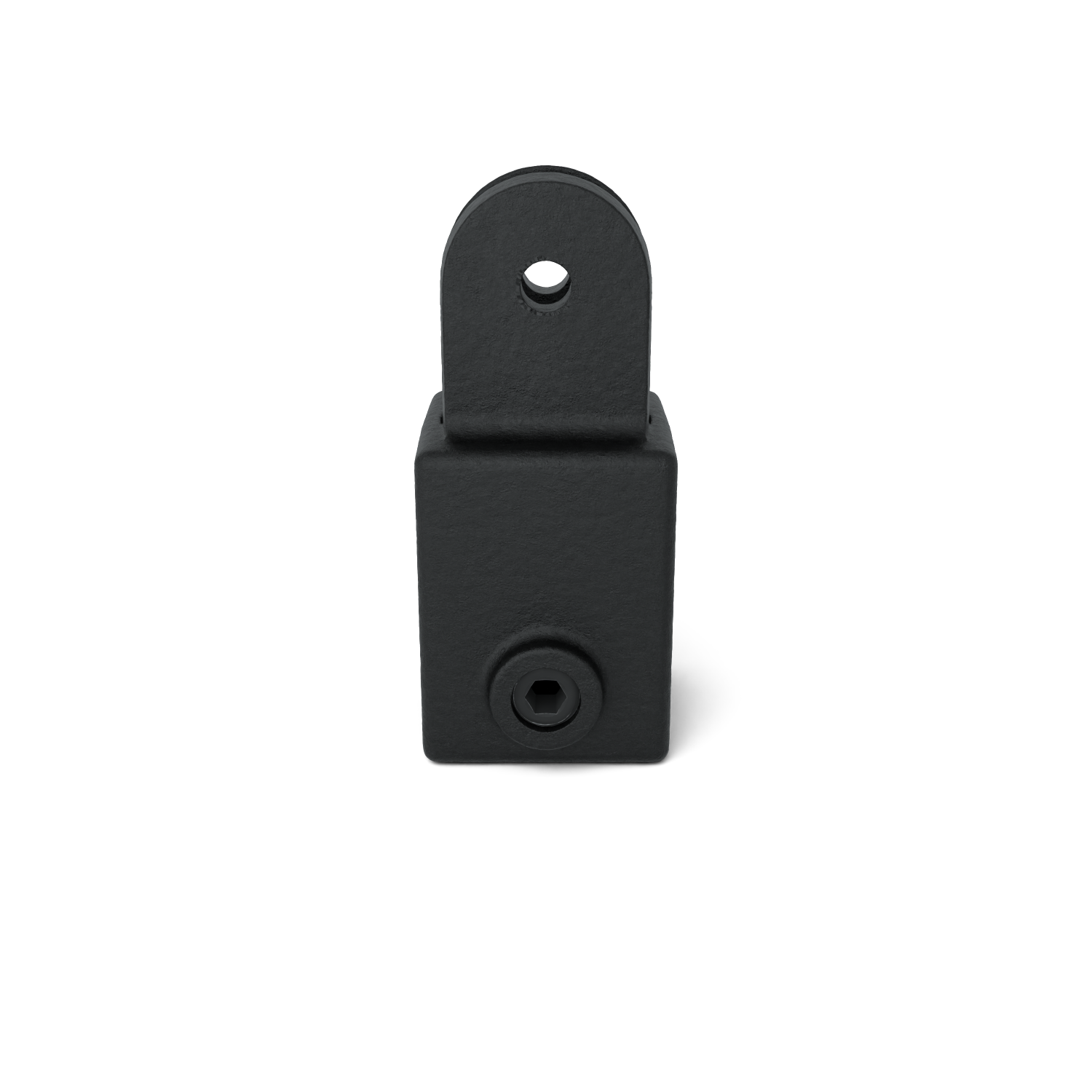 Pieza de unión metálica negra mate con base rectangular y brazo redondeado. En el lateral de la base se ve un tornillo Allen. El brazo tiene en la parte superior una abertura redonda para alojar el eje o fijarlo.