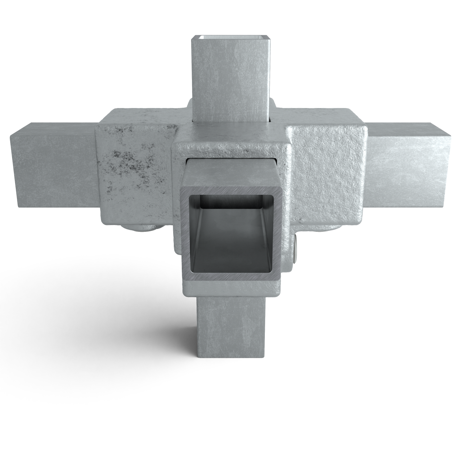 Conector metálico robusto plateado con cuatro aberturas cuadradas en todas direcciones. Superficie ligeramente texturizada con pequeñas irregularidades, aspecto rugoso y galvanizado. Pieza en cruz para tubos perfilados, fondo blanco.