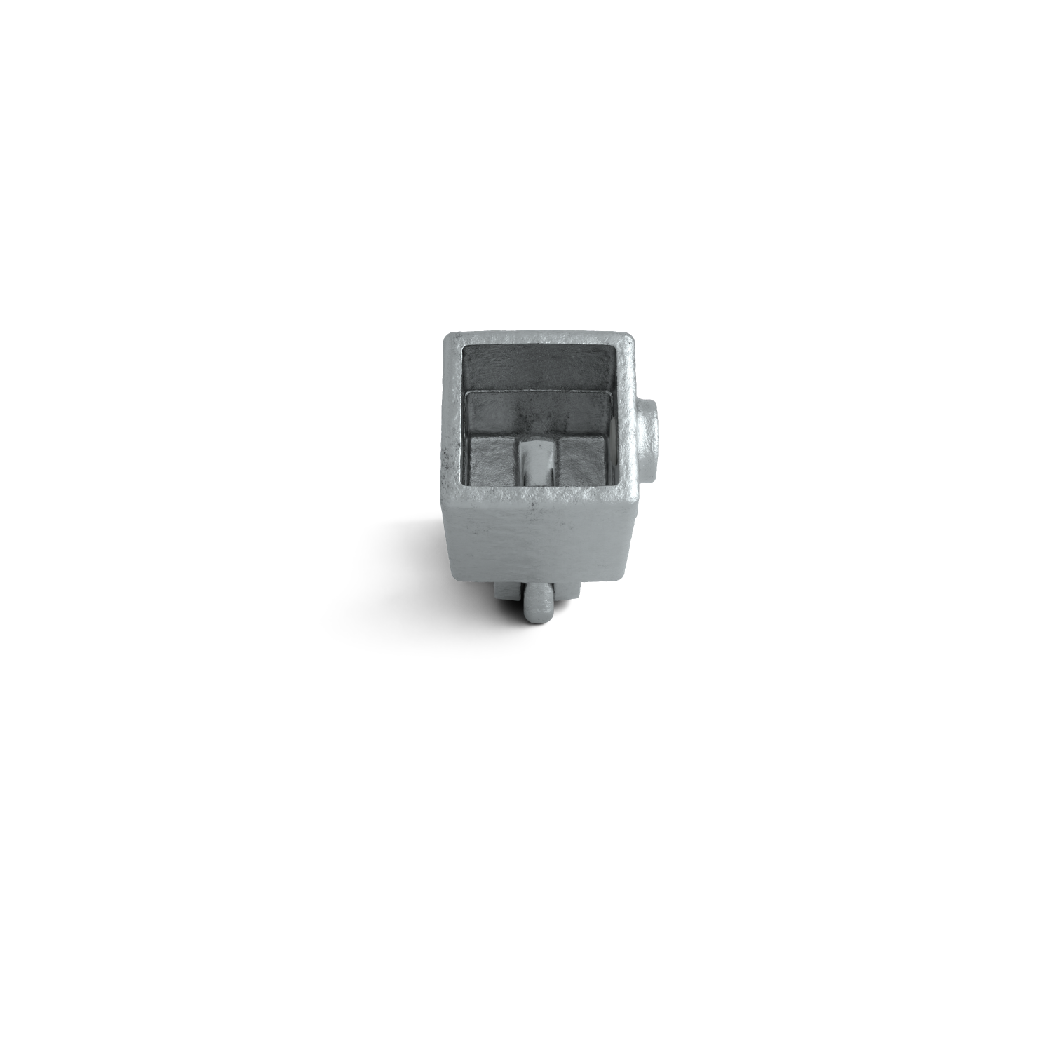Grey cube-shaped metal part with open top and hollow interior. Rough, matte surface, like cast metal or electroplated. Short cylindrical spout on the right, two small feet at the bottom. Centered on white background, shadow bottom left.
