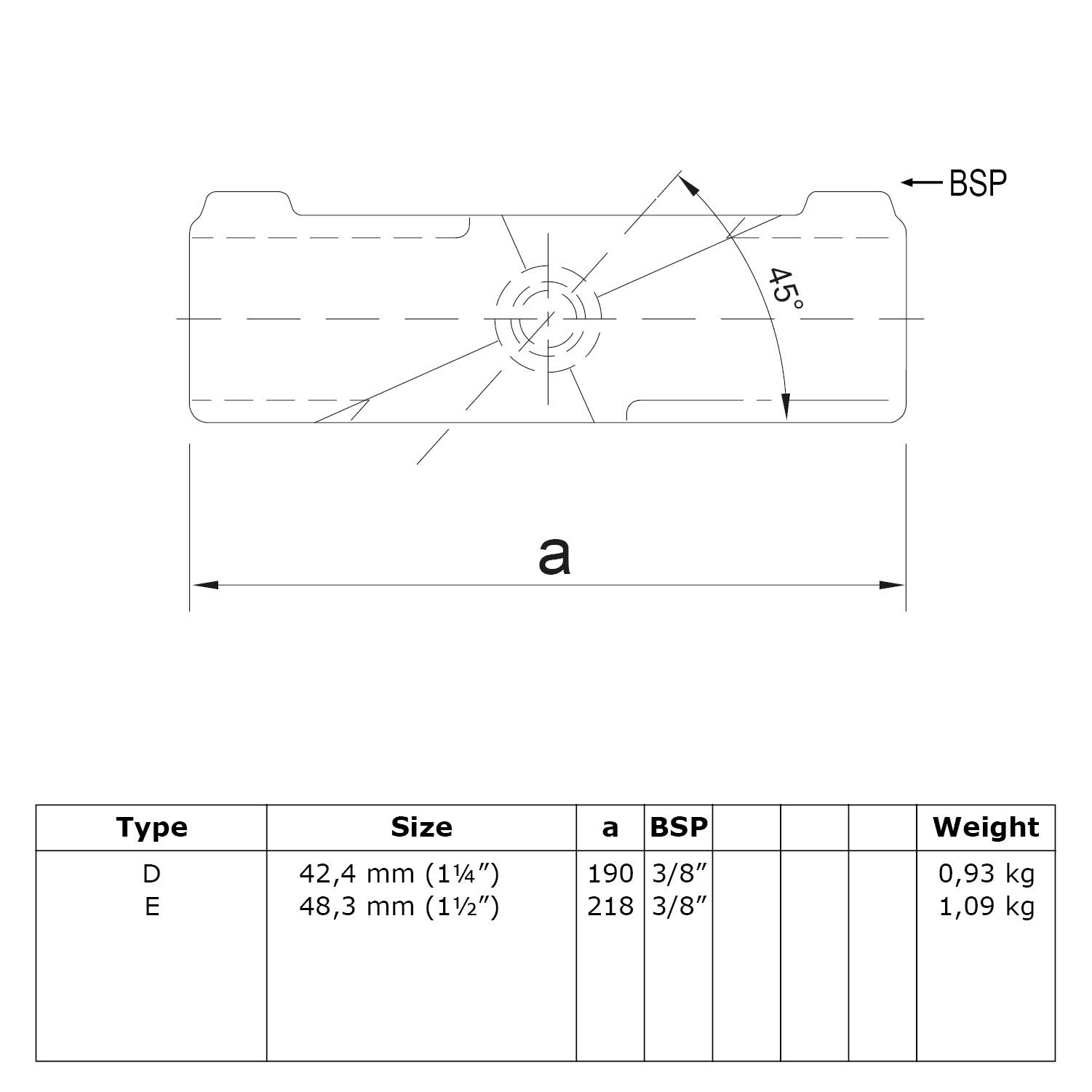 Pieza transversal para gradiente de 45°, 42,4 mm (1¼")