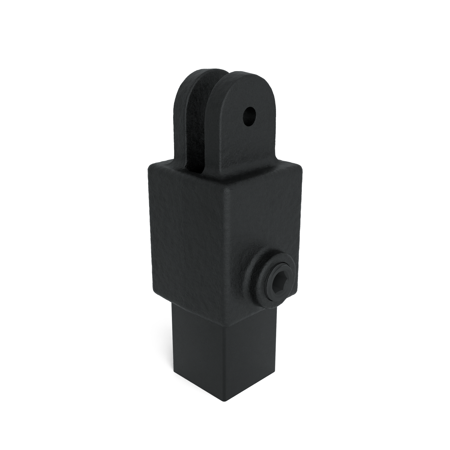 Conector metálico robusto negro grisáceo con parte superior en U y orificio para pasador. Parte central cuadrada con tornillo Allen lateral visible. Parte inferior cuadrada, algo más estrecha. Superficie mate rugosa, pintada de blanco.