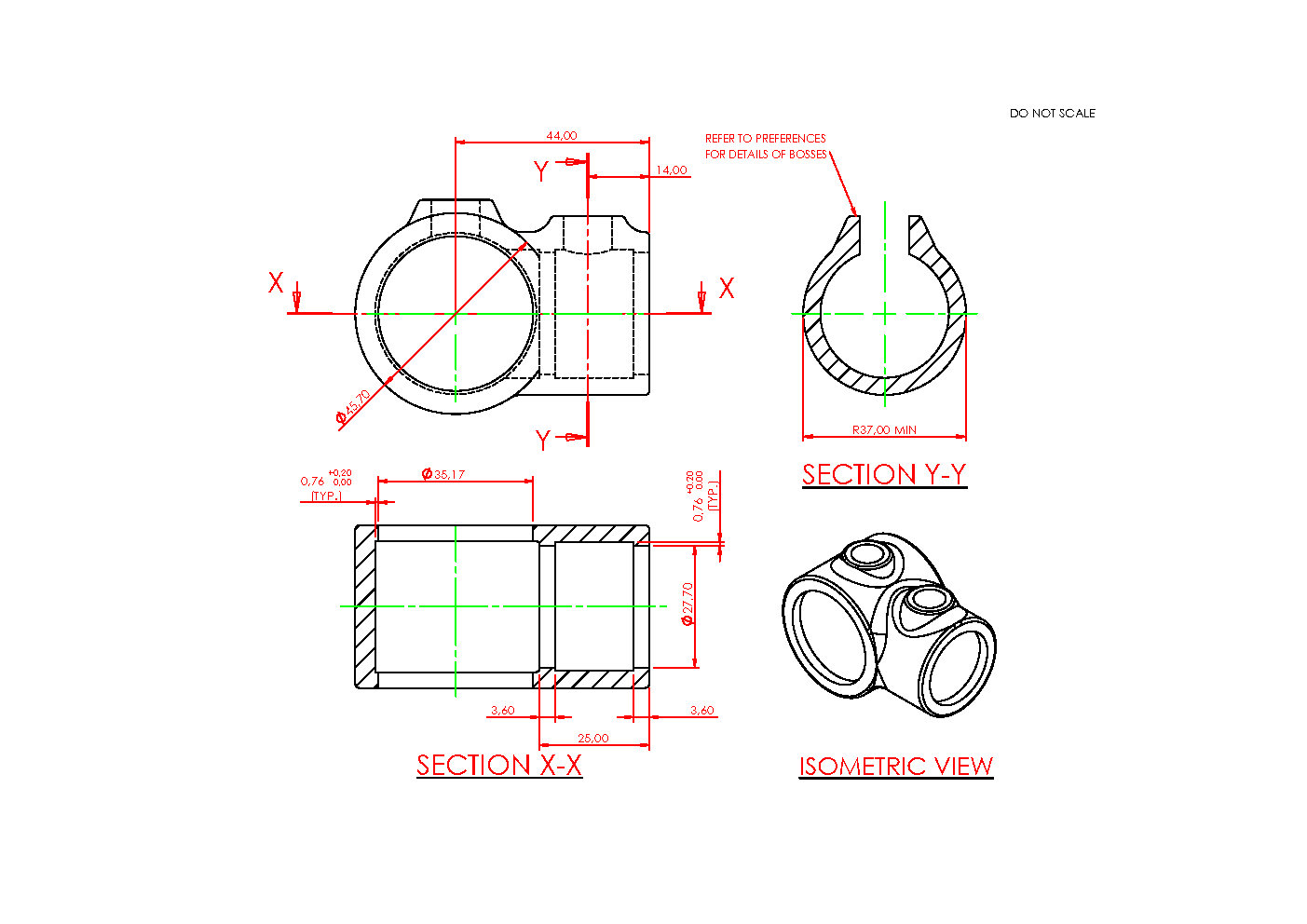 Modelo CAD de un elemento de unión metálico cilíndrico con vistas detalladas: vista frontal y lateral con cotas, sección Y-Y con rebaje en U, sección X-X con indicaciones de longitud y diámetro, así como vista isométrica en 3D.