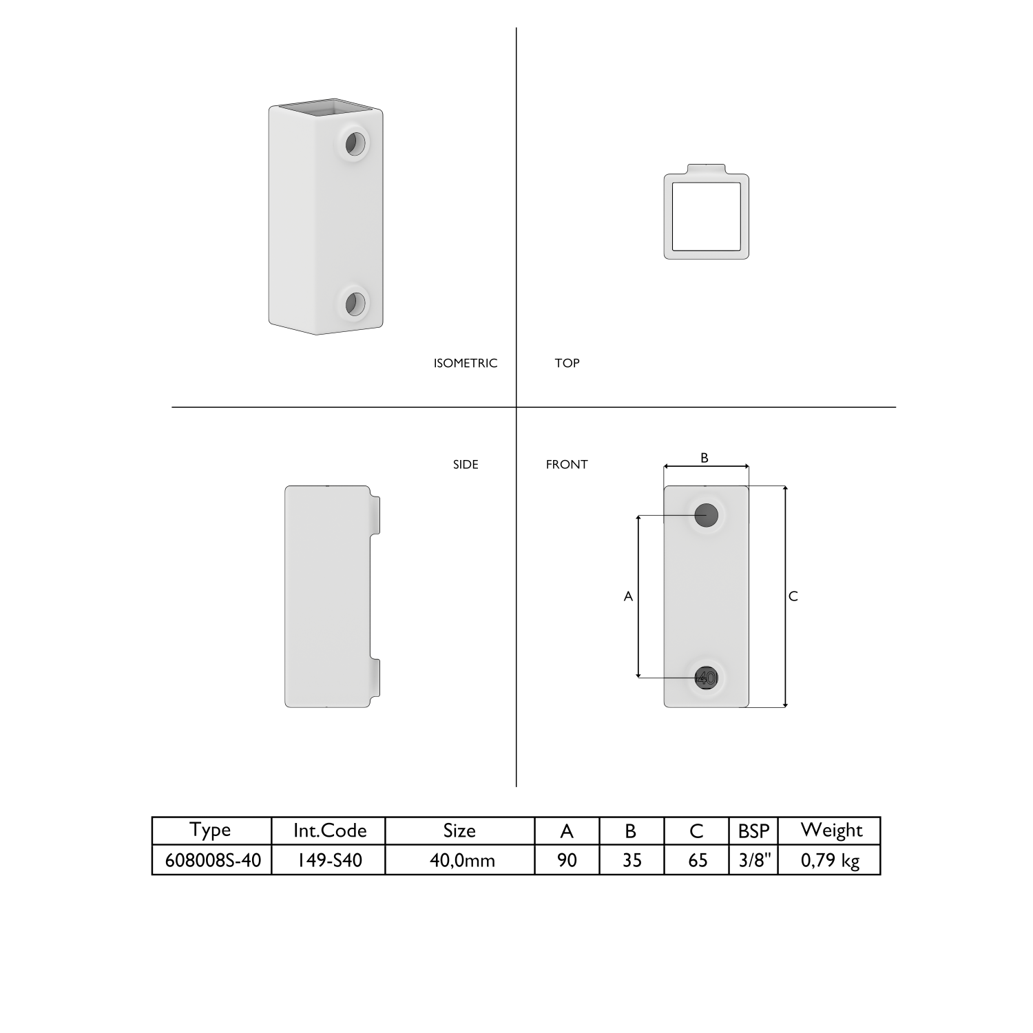 Technical drawing of a grey, rectangular terminal block with two threaded holes at the front. Isometric, top, side and front views with dimensions. Table: Type, code no., size 40.0 mm, A=90 B=35 C=65, BSP 3/8", 0.79 kg.