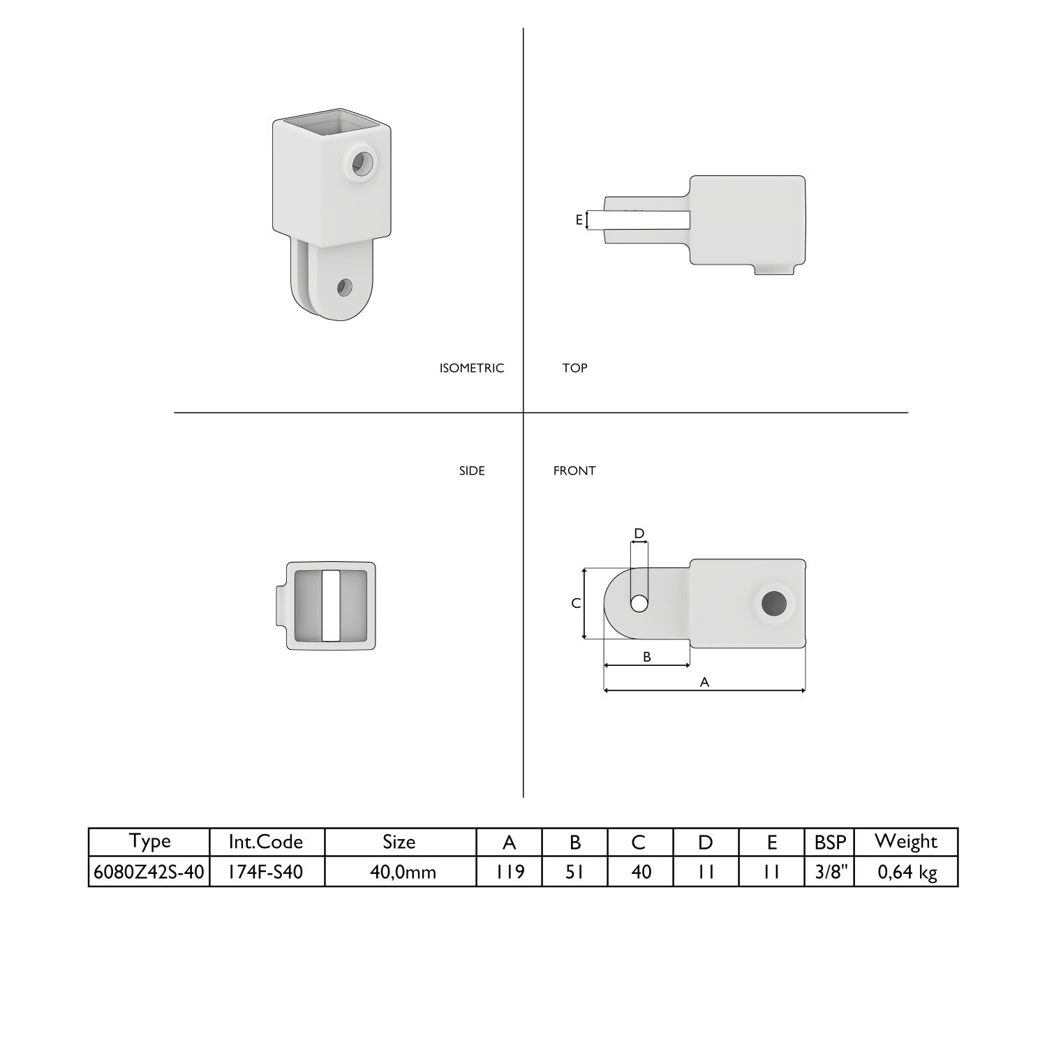 Dibujo acotado de un adaptador de tubo cuadrado gris: en la parte superior, conexión cuadrada; en la parte inferior, soporte en forma de horquilla con orificio. Vistas: isométrica, vista superior, lateral, frontal; tabla con las medidas A–E.