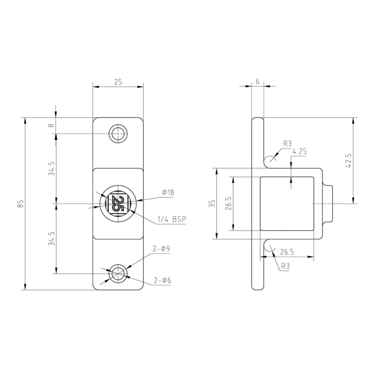 Pieza de ojal con lengüeta doble para tubos cuadrados, negra - 25 mm