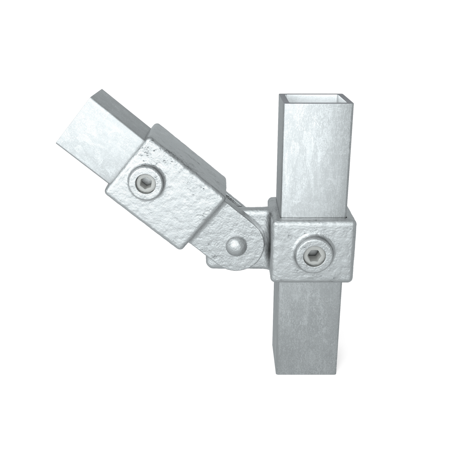 Silver-grey metal hinge joint for square tubes: vertical column with a square opening, connected to an arm sloping upwards to the left; secured with hexagon head screws, on a white background.