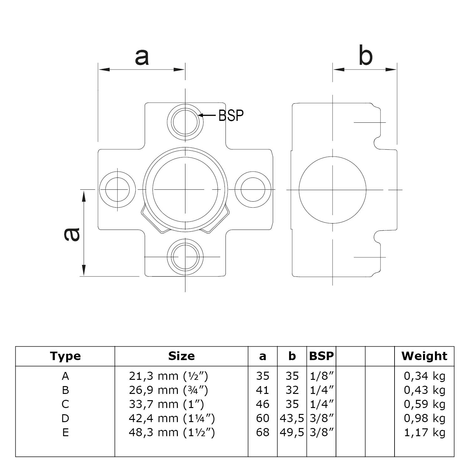 Pieza transversal para tubo de soporte 21,3 mm (½")