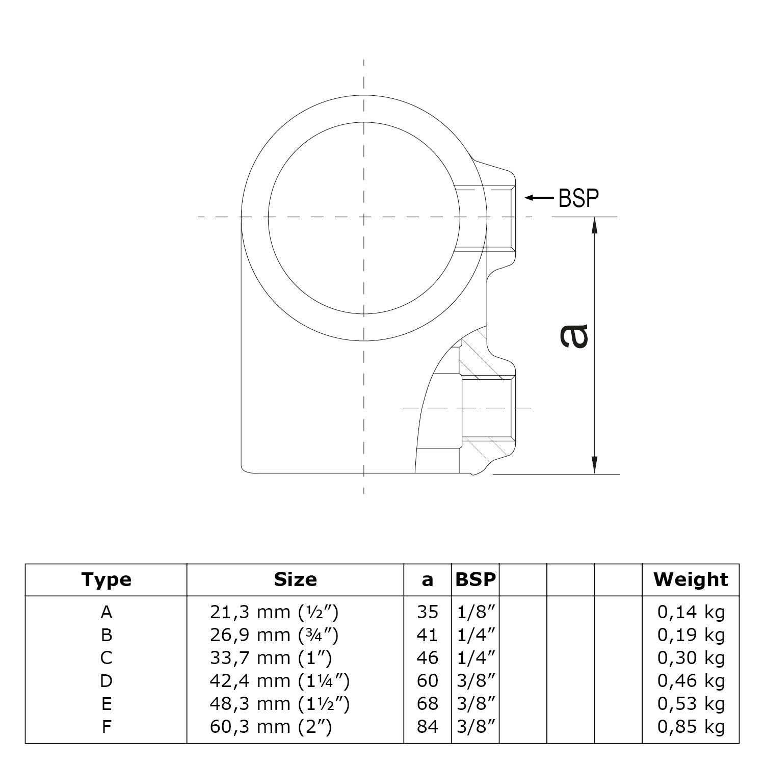 Pieza en T corta 60,3 mm (2")