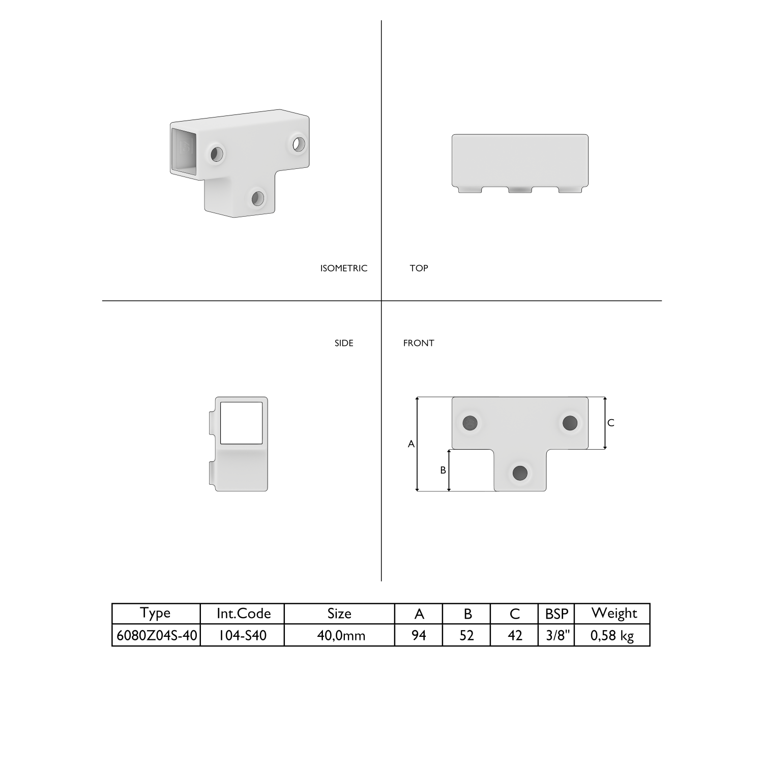 Schéma technique d'un raccord tubulaire en T blanc, vu en isométrique, de dessus, de côté et de face. Composant doté d'une ouverture carrée et de trois trous de montage ronds. Fiche technique indiquant les cotes A, B et C, les dimensions et le poids.