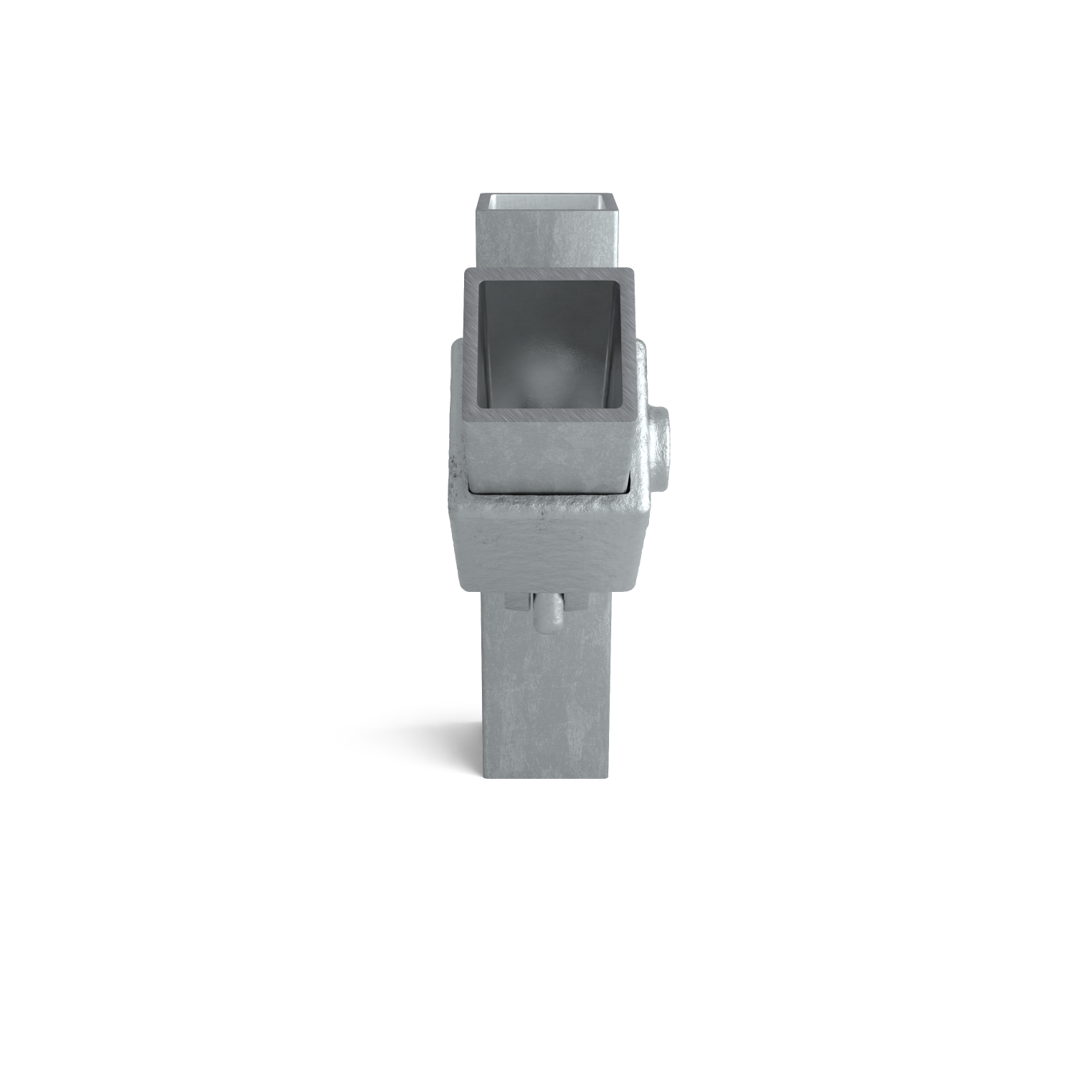 Galvanised metal connector with intersecting rectangular openings for a vertical and a horizontal square profile. Bolts on the side. Matt grey, slightly textured, white background.