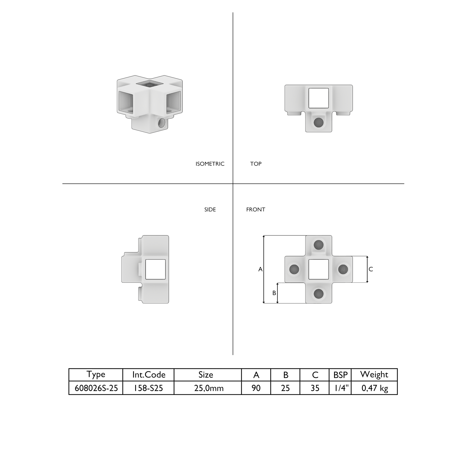 Dibujo técnico de un conector en forma de cruz de color blanco con una abertura central y cuatro aberturas cuadradas laterales. Vista isométrica, así como vista superior, lateral y frontal con cotas. La tabla inferior muestra los datos del producto.