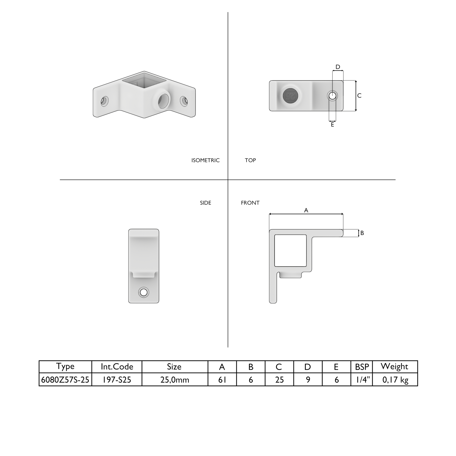 Dessin technique d'un raccord en L blanc avec ouverture carrée, trou fileté et 2 trous de fixation. Vue isométrique ainsi que vue de dessus, de côté et de face avec les cotes A–E. Fiche technique : type, taille, dimensions, filetage BSP, poids.