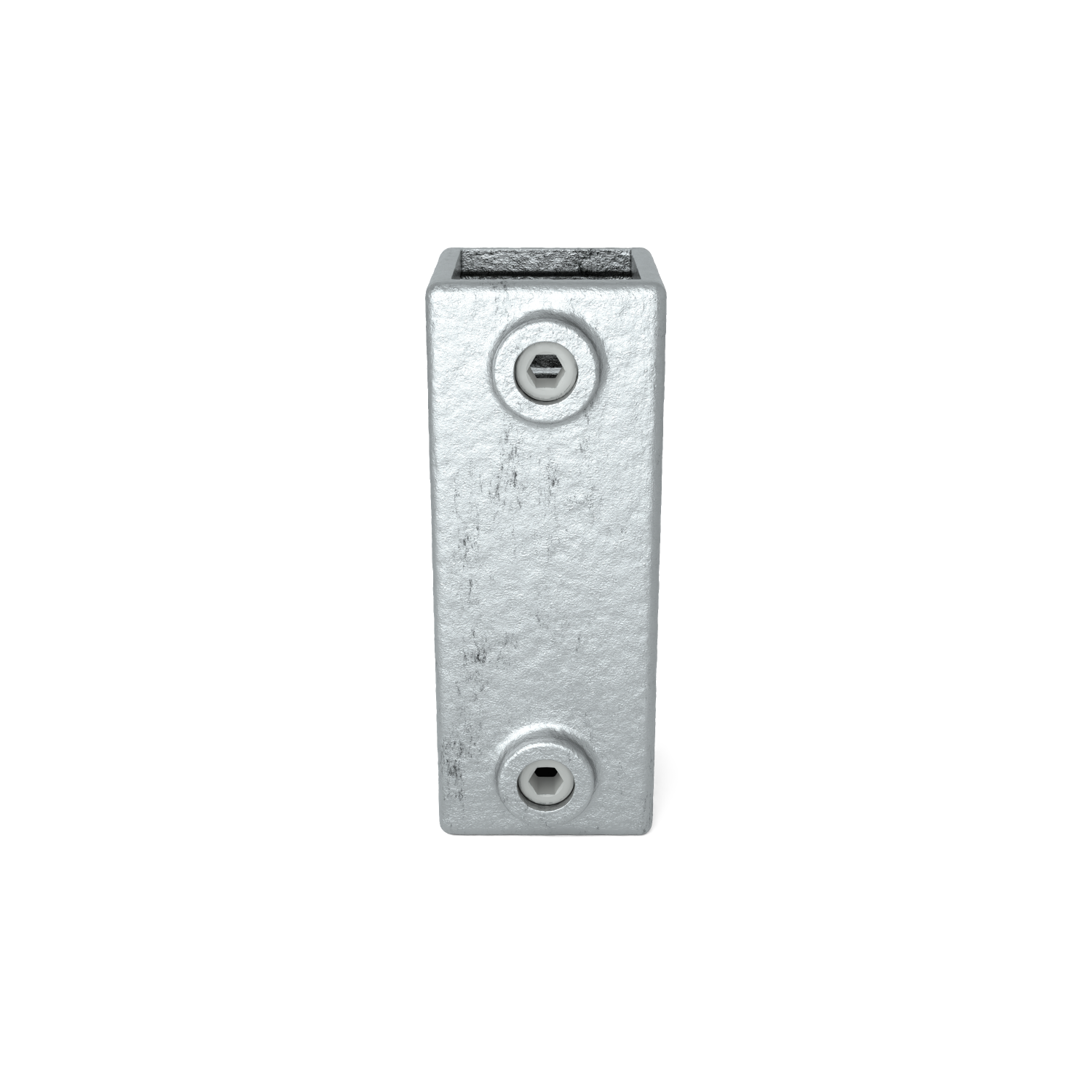 A vertical, silver-grey, rectangular metal connector with a rough, textured surface. Two hexagon head screws at the front (top and bottom) and a square opening at the top, revealing the hollow shape.