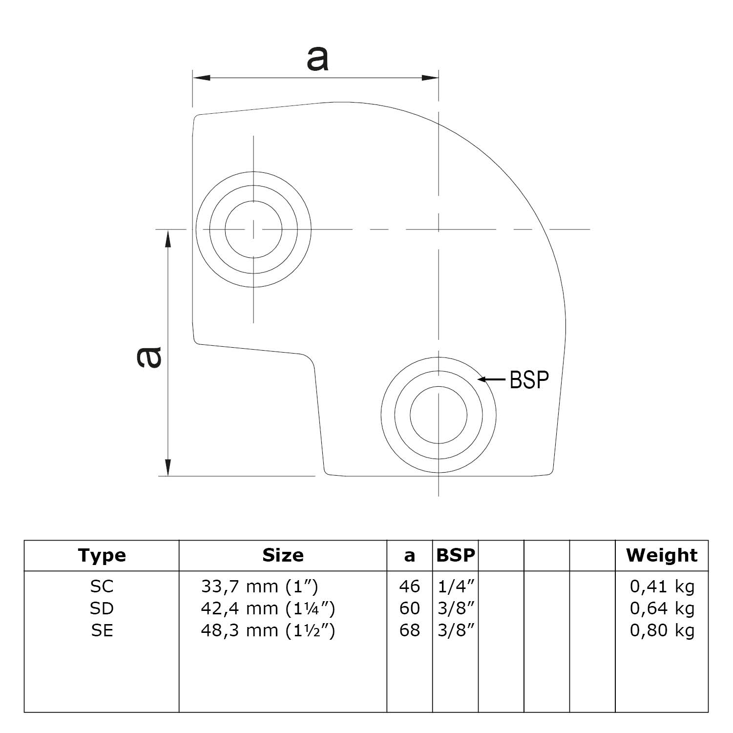 Codo 90° Ángulo variable 0° - 11° 42,4 mm (1¼")