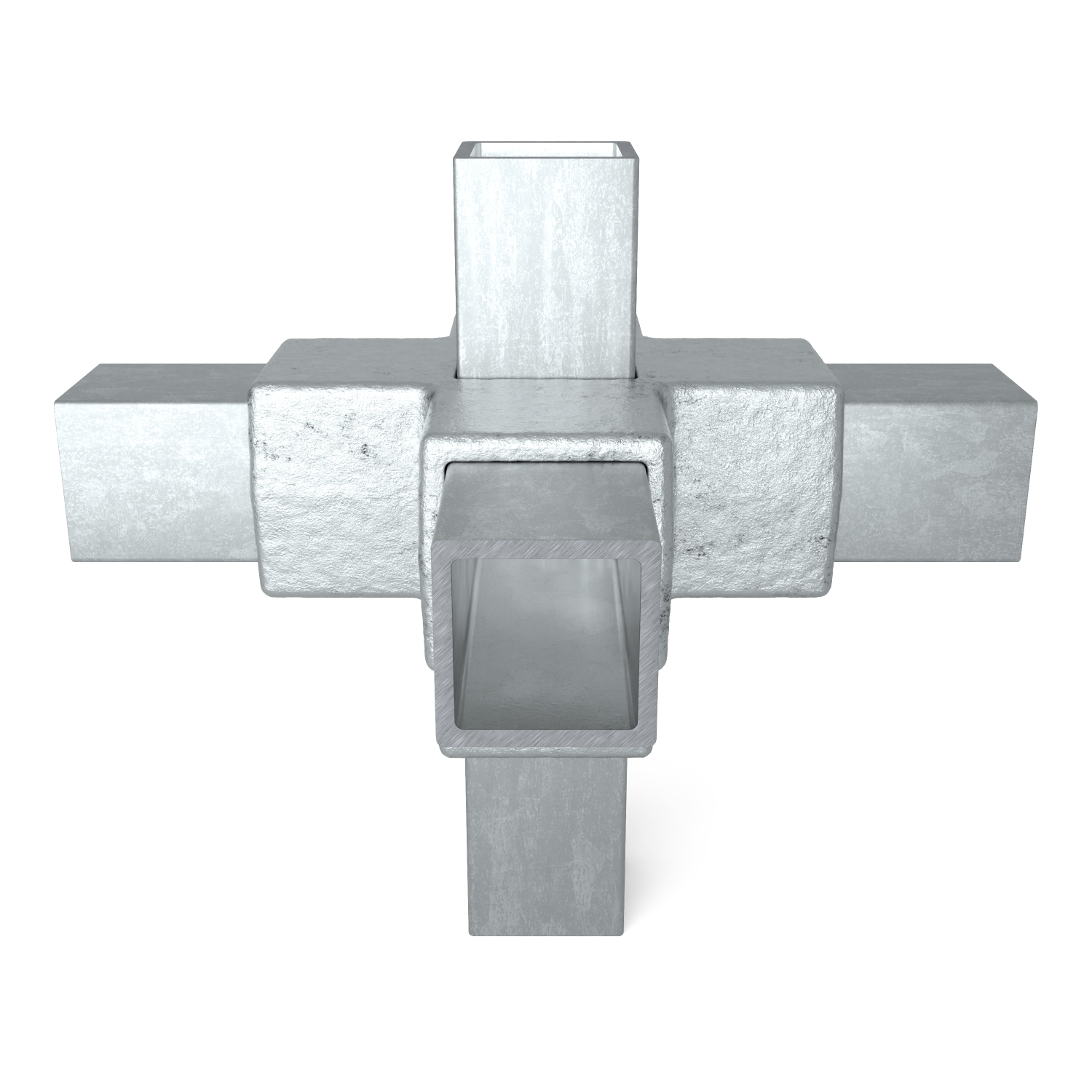 Modèle 3D détaillé d'un raccord tubulaire carré de couleur argentée, reliant cinq autres tuyaux métalliques carrés en forme de croix. Surface extérieure rugueuse et irrégulière au niveau du raccord, surface intérieure plus lisse. Composant industriel.