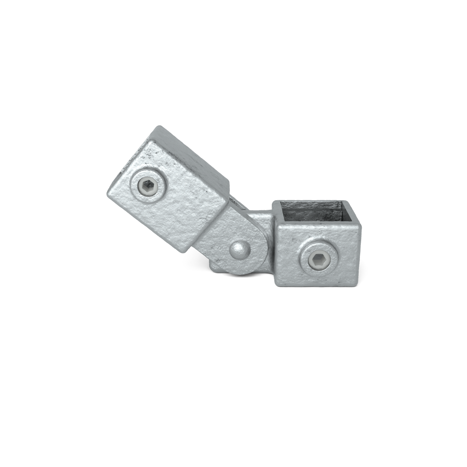 Adjustable pipe connector made of galvanised steel, comprising two rectangular, rough-finished elements connected by a joint. Each element has a square opening at one end and an Allen screw at the top. Parts at an obtuse angle.