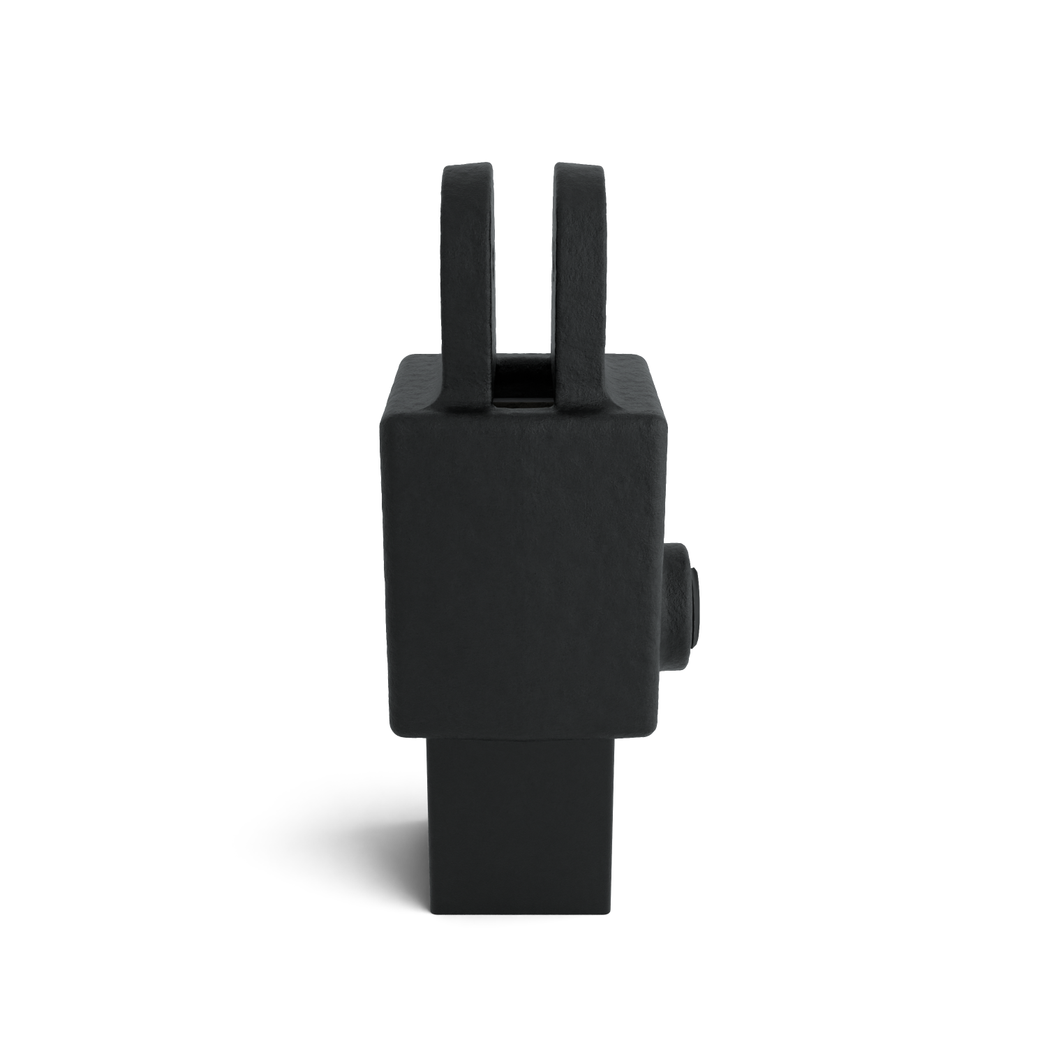 Pieza metálica maciza negro mate, rectangular. Abajo sobresale un pequeño vástago; arriba hay dos soportes en U paralelos. A la derecha del cuerpo principal, conexión redonda tipo espiga. Fondo blanco con sombras.