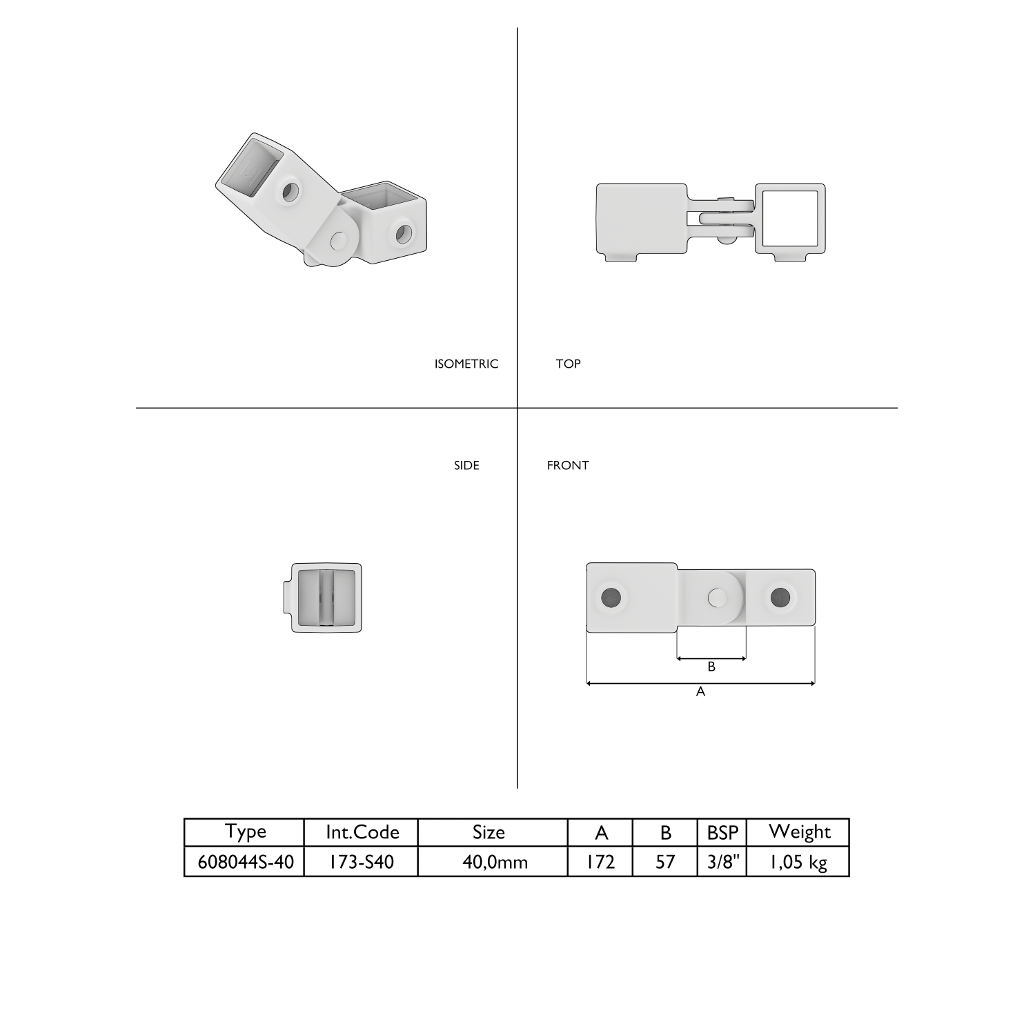 Technical datasheet: adjustable angle connector with rectangular ends, shown in isometric, top, side and front views. Table below: Type 608044S-40, size 40.0 mm, weight 1.05 kg.