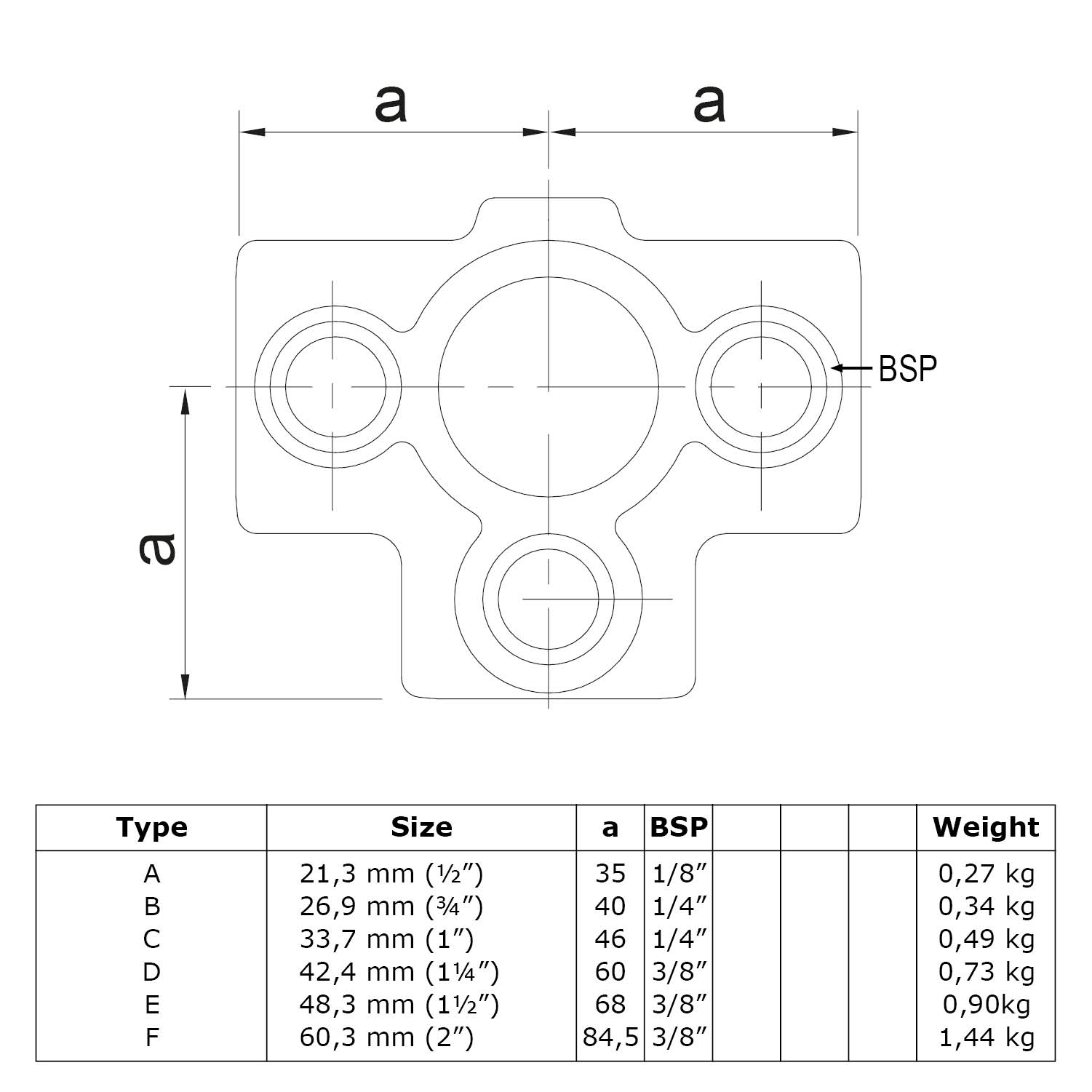 Pieza en T para tubo de soporte 33,7 mm (1")